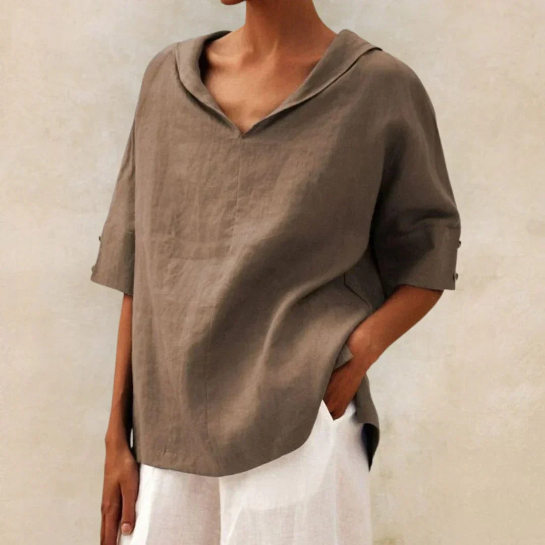 Momount dámská lněná košile – V-výstřih, klopový límec, oversized, letní