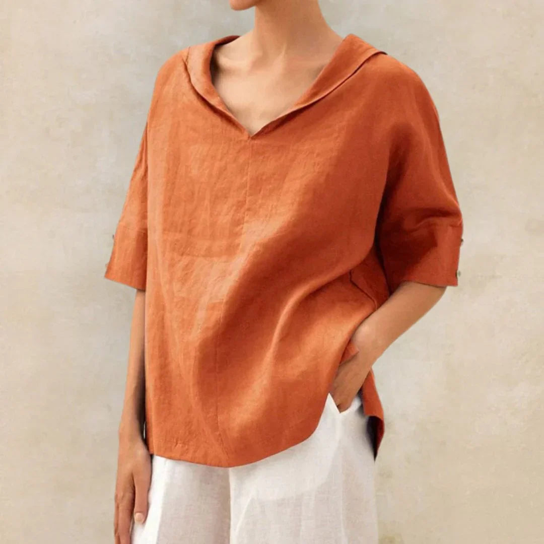 Momount dámská lněná košile – V-výstřih, klopový límec, oversized, letní