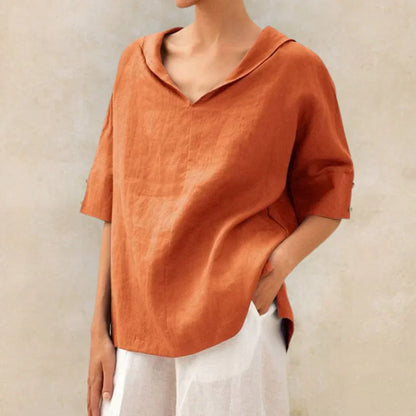 Momount dámská lněná košile – V-výstřih, klopový límec, oversized, letní