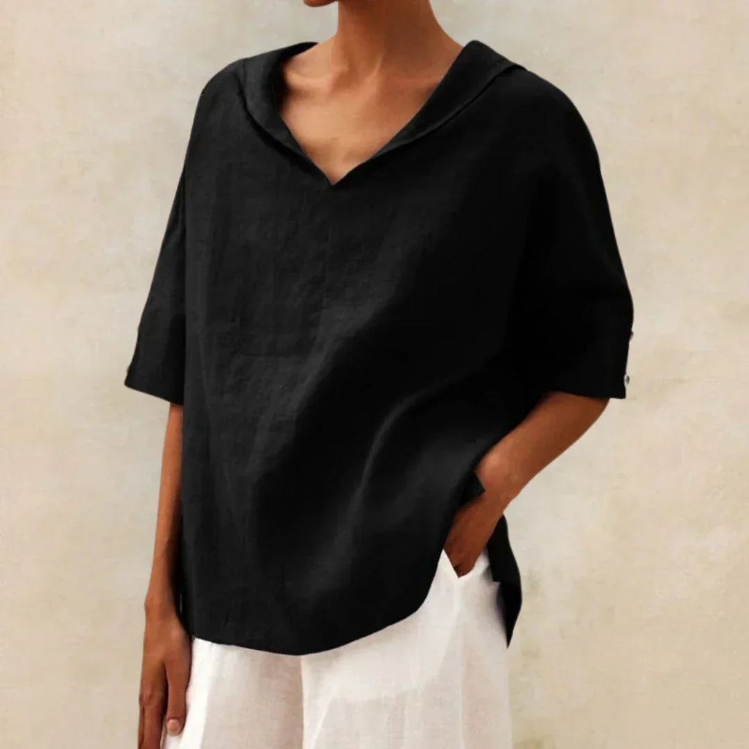 Momount dámská lněná košile – V-výstřih, klopový límec, oversized, letní