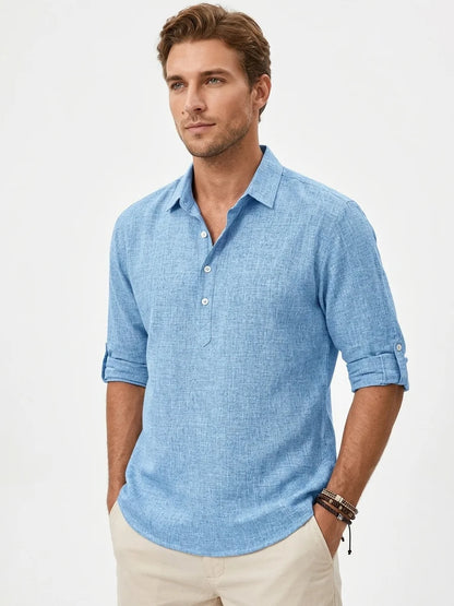 Momount Men Linen Shirt – Long Sleeve Popover Button Placket Casual - Sky Blue - 3/4
