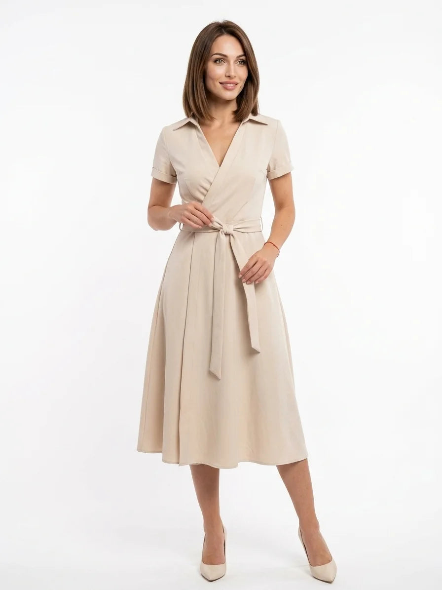 Ameliana | Elegant Off Shoulder Belted Summer Midi Dress - Cream - front