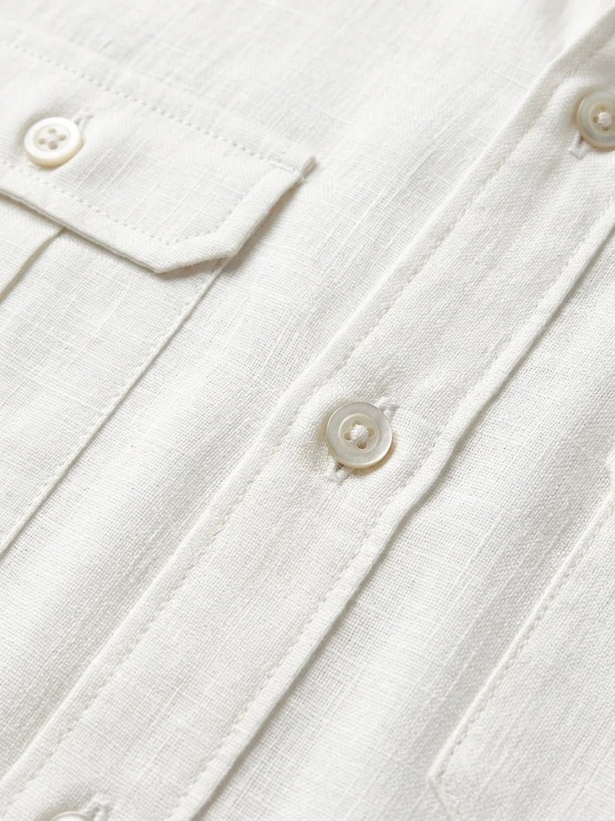 Momount Men Linen Shirt – Short Sleeve Double Chest Pocket Utility Casual - White - detail