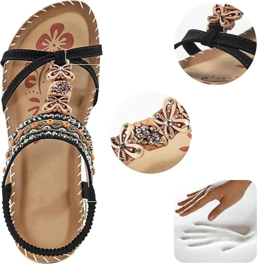 Momount dámské slingback sandály – teal boho, korálky, štras, ploché