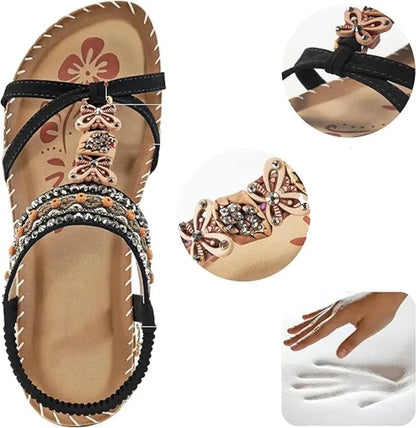 Momount dámské slingback sandály – teal boho, korálky, štras, ploché