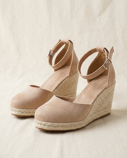 Momount Women Espadrille Wedge Sandals – Closed Toe Suede Upper Ankle Strap Braided Jute Platform
