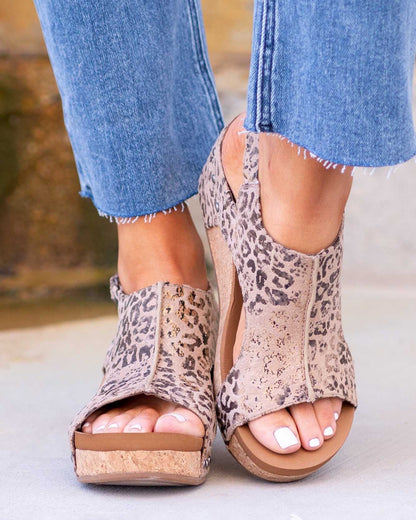 Momount dámské sandály na klínku – patinovaná kůže, korková platforma, slingback