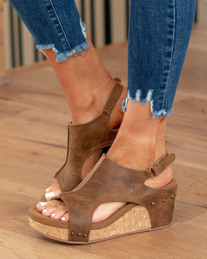 Momount dámské sandály na klínku – patinovaná kůže, korková platforma, slingback