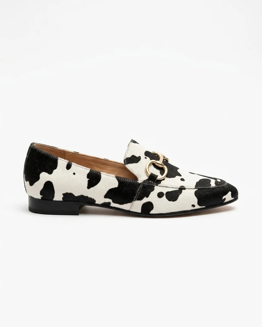 Octavia | Western Cow Print Buckle Flat Loafers — loafers-for-women-animal-print-slip-on-black-white-03-reference-view.webp