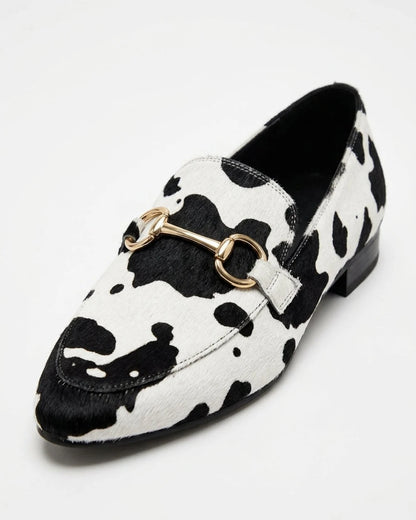 Octavia | Western Cow Print Buckle Flat Loafers — loafers-for-women-animal-print-slip-on-black-white-05-reference-view.webp