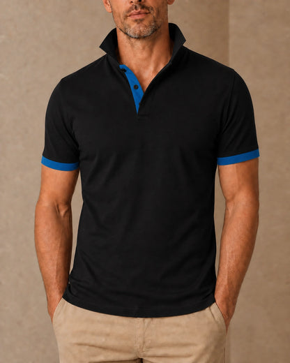 Men's black polo shirt with blue stand collar and contrast placket, front view. — mens-stand-collar-contrast-polo-black-blue-06.webp