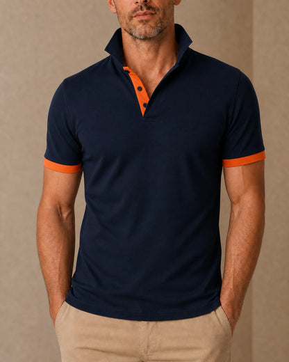 Men's navy polo shirt with orange stand collar and contrast placket, front view. — mens-stand-collar-contrast-polo-navy-orange-05.webp