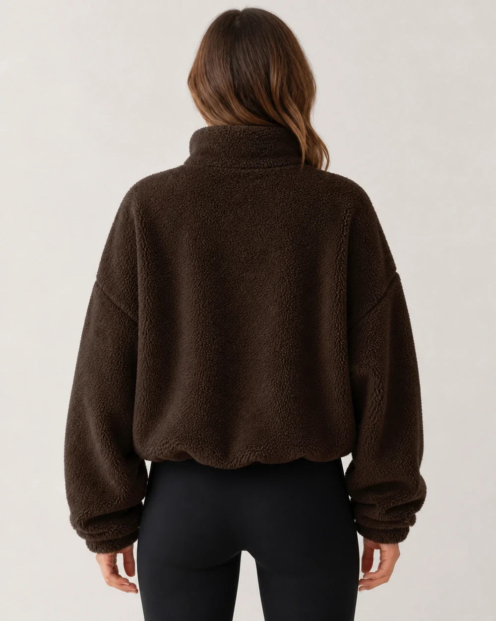 Women's coffee plush half-zip pullover, true back view