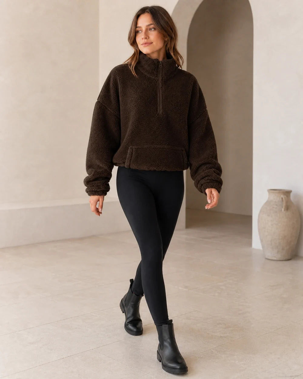 Women's coffee plush half-zip pullover, walking lifestyle view