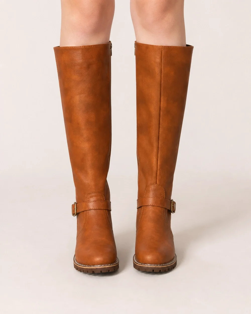 Momount Women Buckle-Strap Knee-High Boots – Brown front