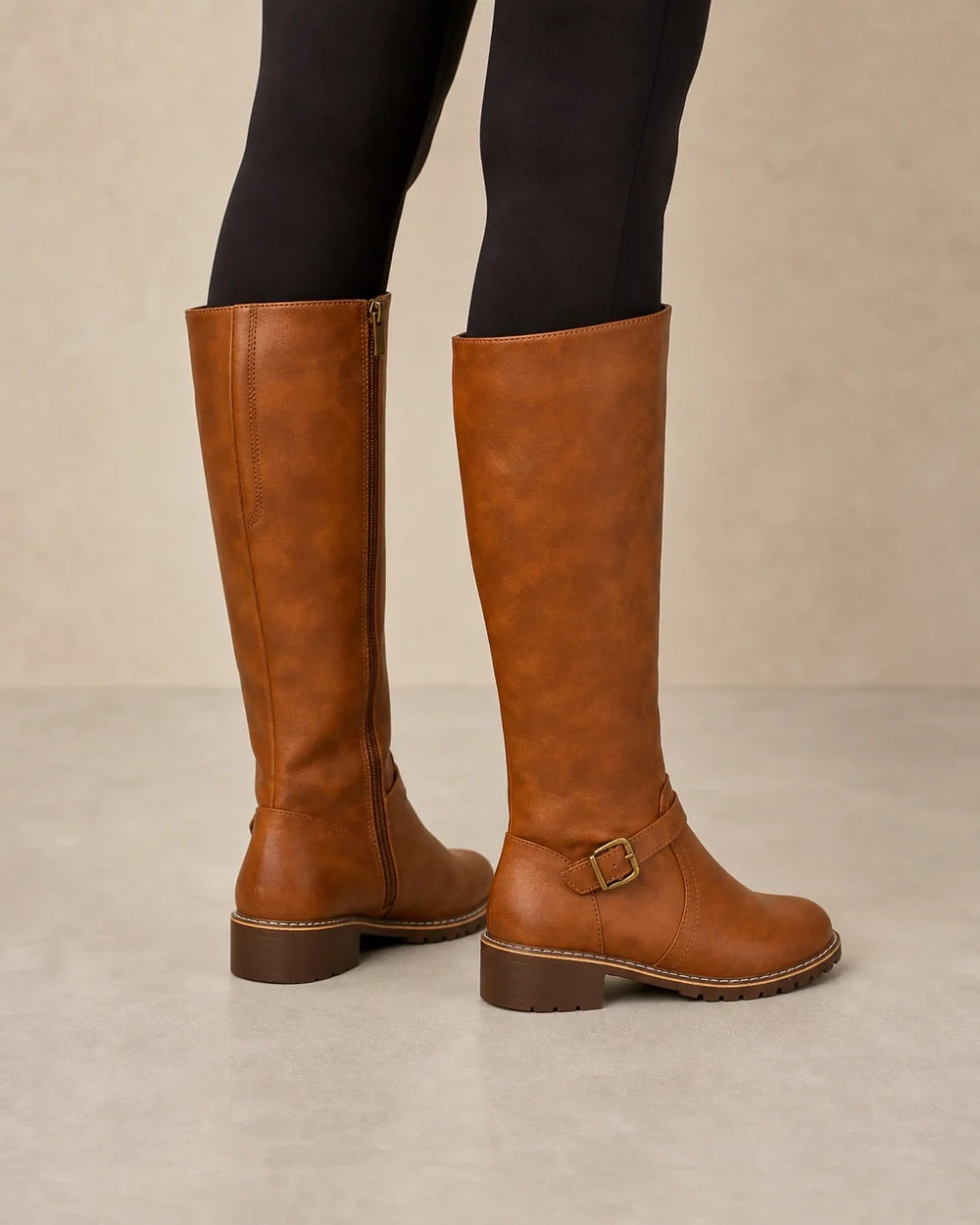 Momount Women Buckle-Strap Knee-High Boots – Brown rear