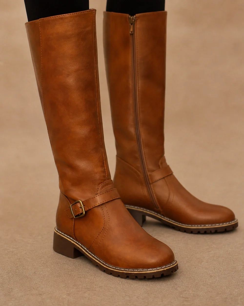 Momount Women Buckle-Strap Knee-High Boots – Brown detail
