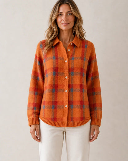 Women's orange checked button-front knit, straight front fit view.