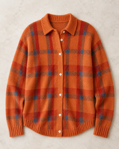 Orange checked button-front knit, clean flat lay.