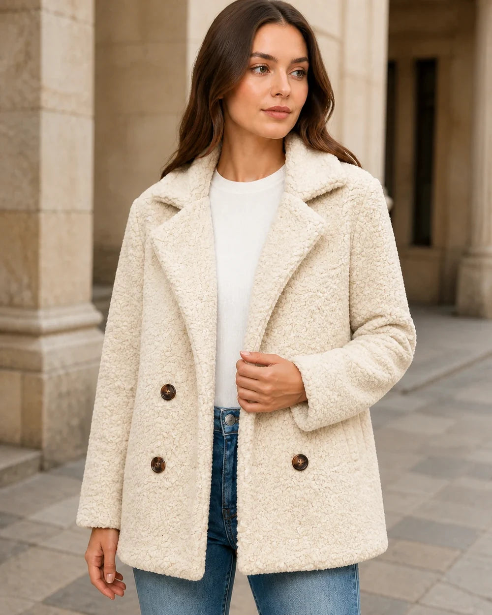 Cream White teddy coat in a neutral stone arcade.