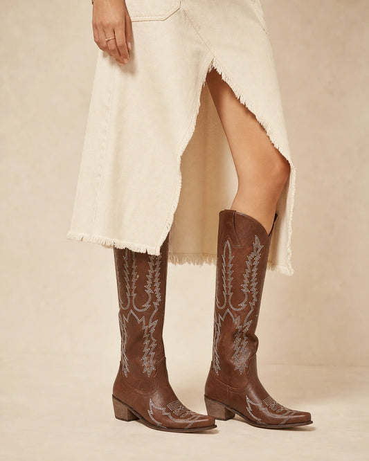 Momount Women Embroidered Western Knee-High Boots, brown, hero.