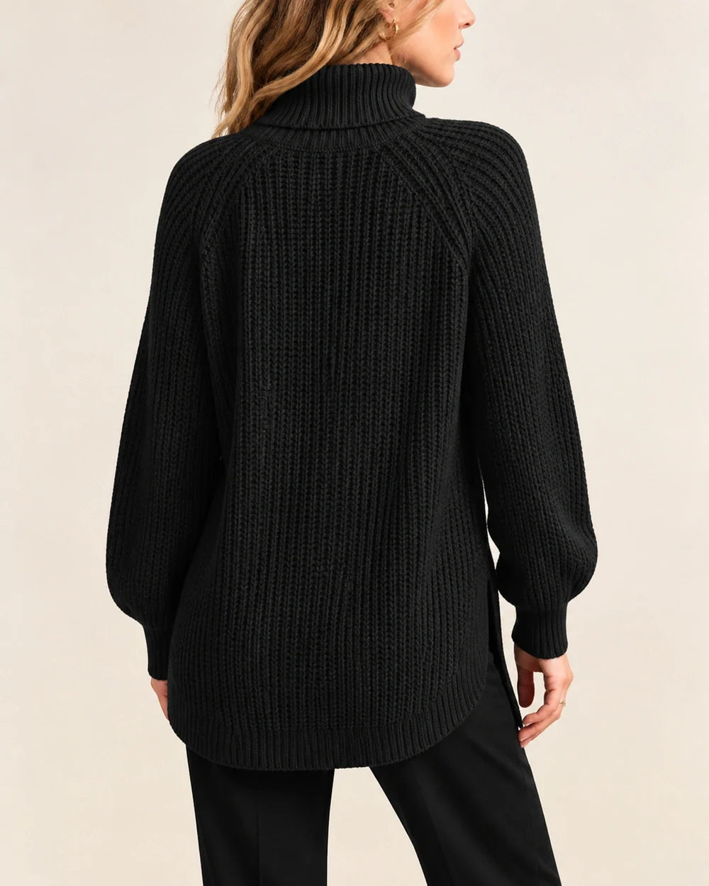 Women's high-neck raglan chunky-knit sweater, black back