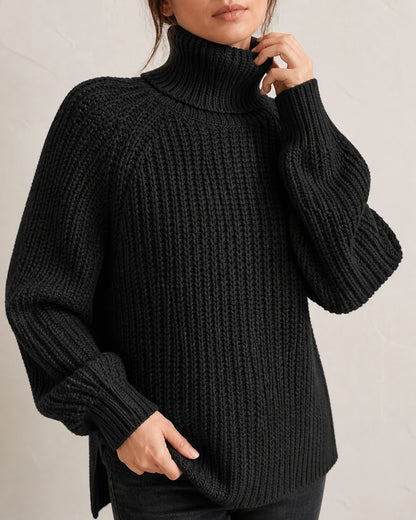 Women's high-neck raglan chunky-knit sweater, black detail