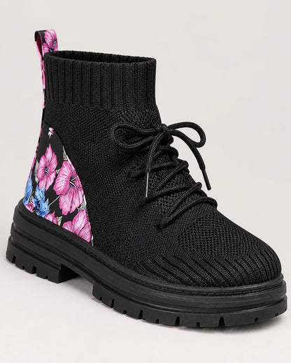Black knit sock ankle boot knit lace floral and sole detail