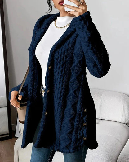 Women's long hooded cable-texture cardigan, navy blue hero