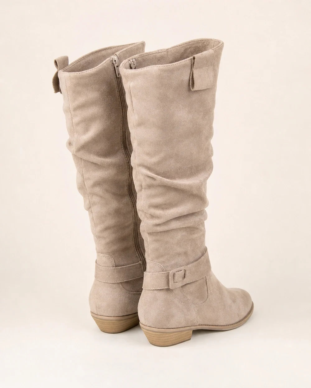 Light Brown slouch knee-high boots, rear and profile view