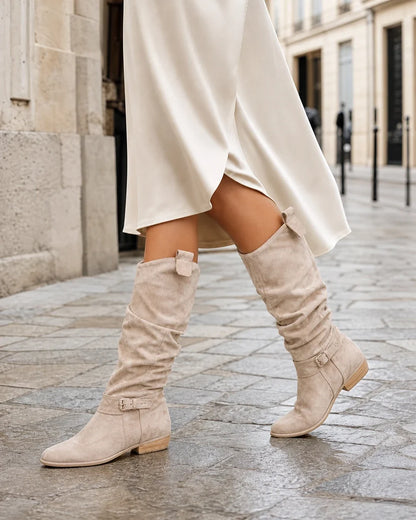 Light Brown slouch knee-high boots, walking lifestyle