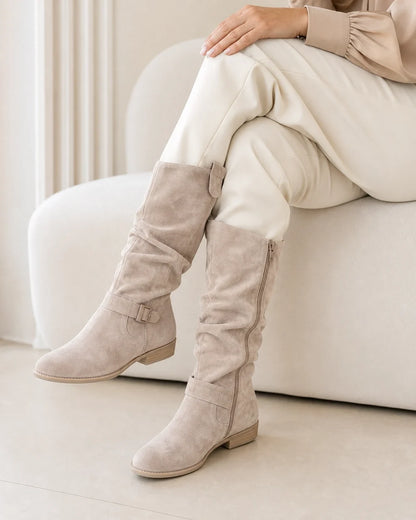 Light Brown slouch knee-high boots, seated styling