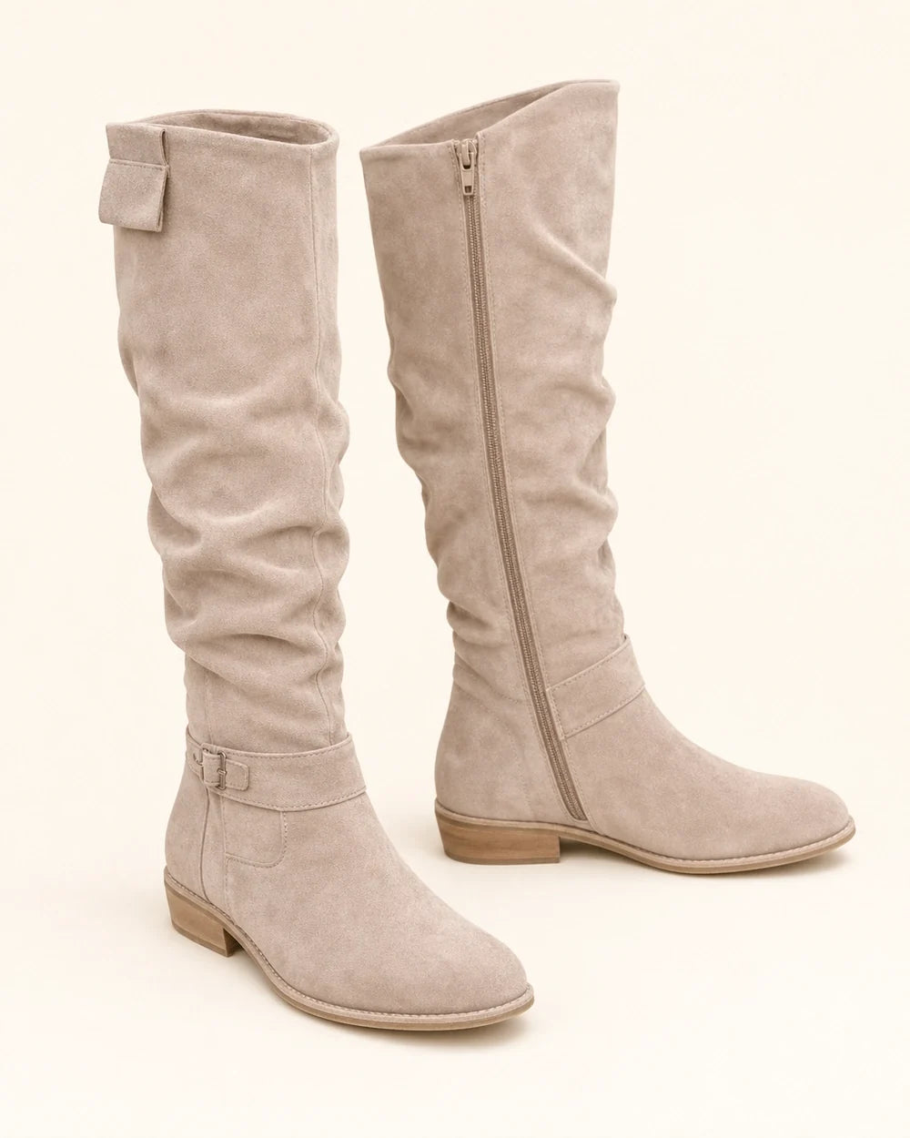 Light Brown slouch knee-high boots, product-only pair