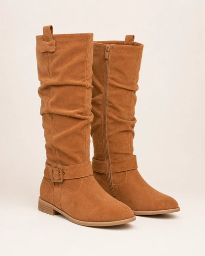 Brown slouch knee-high boots, variant