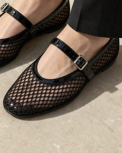 Women's black mesh Mary Jane ballet flats — image 5 — momount-women-mesh-ballet-flats-black-05-construction-detail.webp