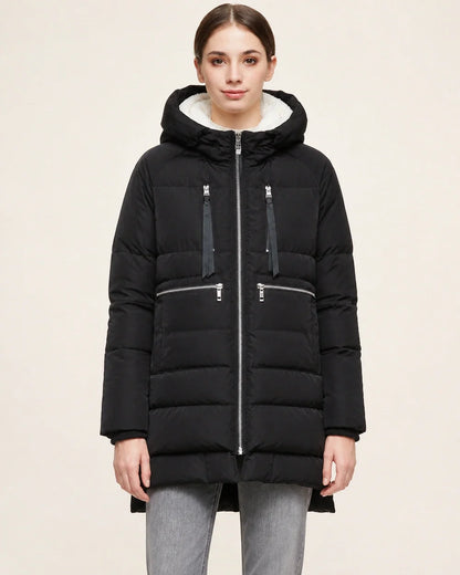 Momount women mid length fleece lined hooded puffer black