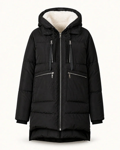 Momount women mid length fleece lined hooded puffer black