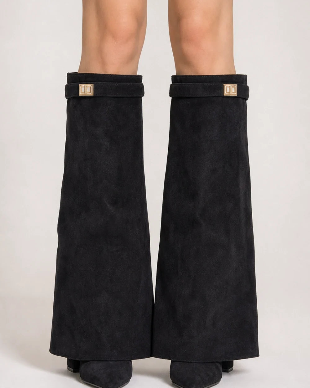 Momount Women Wide-Bell Suede Pointed Boots – Black front