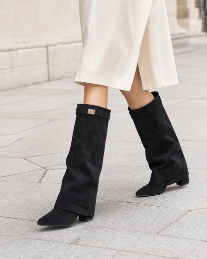 Momount Women Wide-Bell Suede Pointed Boots – Black walking