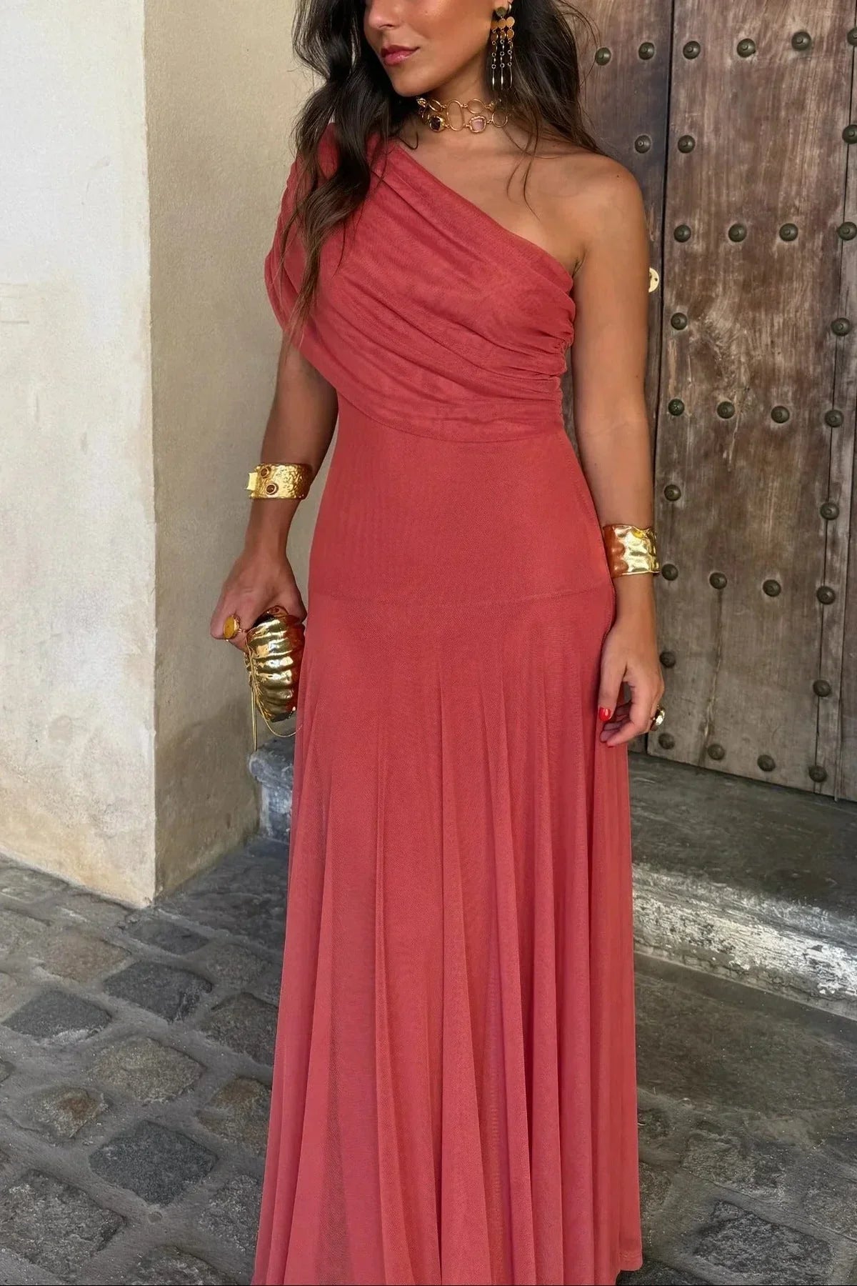 Ariadne | letní řasené bez rukávů maxi šaty one-shoulder