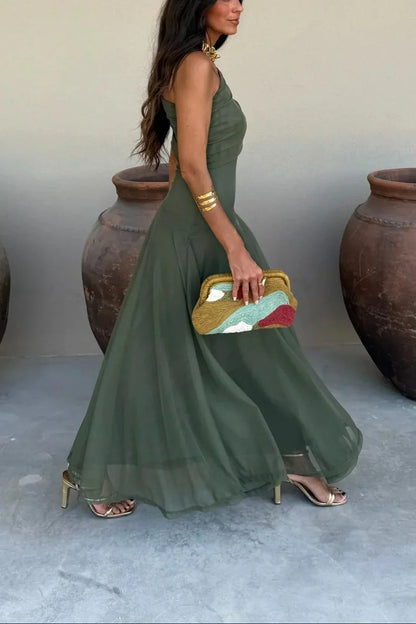 Ariadne | letní řasené bez rukávů maxi šaty one-shoulder