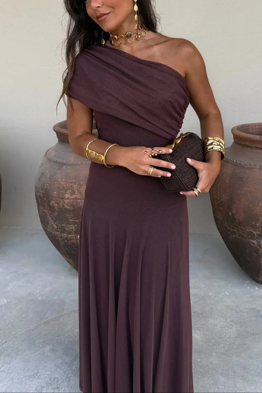 Ariadne | letní řasené bez rukávů maxi šaty one-shoulder