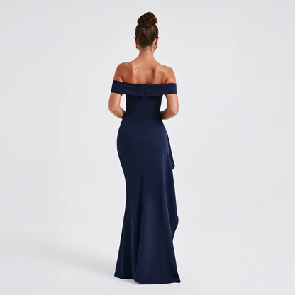 Daniela | večerní řasené maxi šaty off-shoulder s vysokým rozparkem