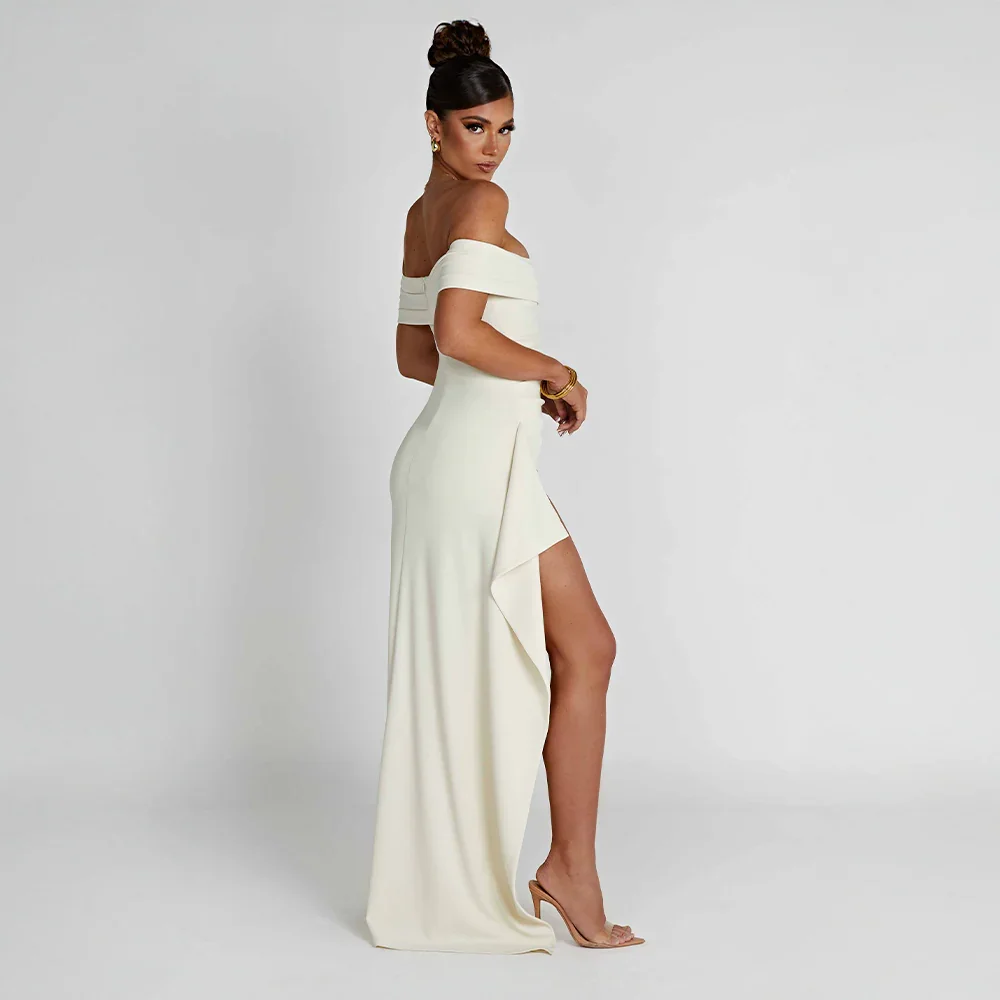 Daniela | večerní řasené maxi šaty off-shoulder s vysokým rozparkem