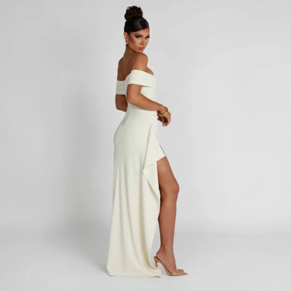 Daniela | večerní řasené maxi šaty off-shoulder s vysokým rozparkem