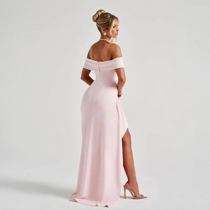 Daniela | večerní řasené maxi šaty off-shoulder s vysokým rozparkem