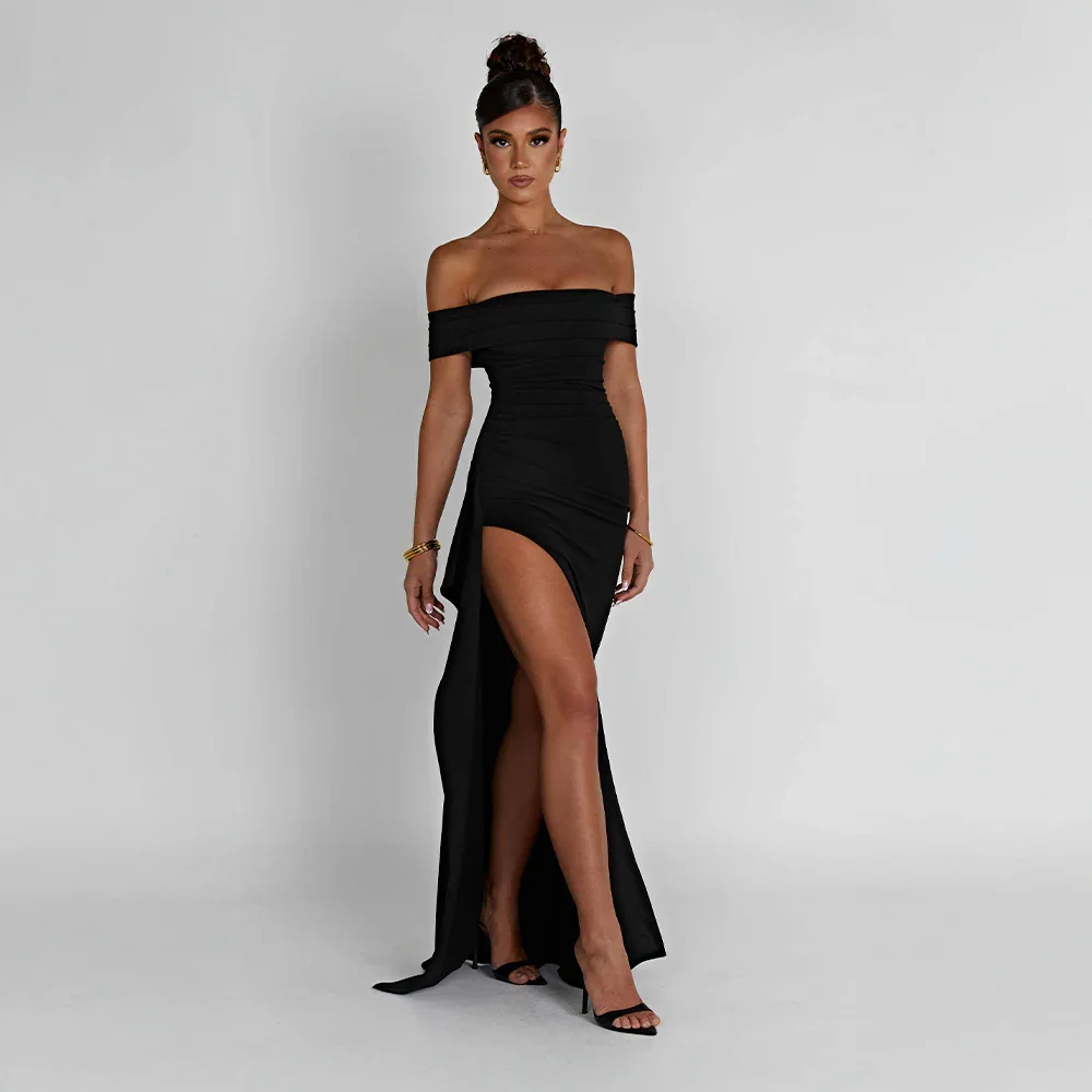 Daniela | večerní řasené maxi šaty off-shoulder s vysokým rozparkem