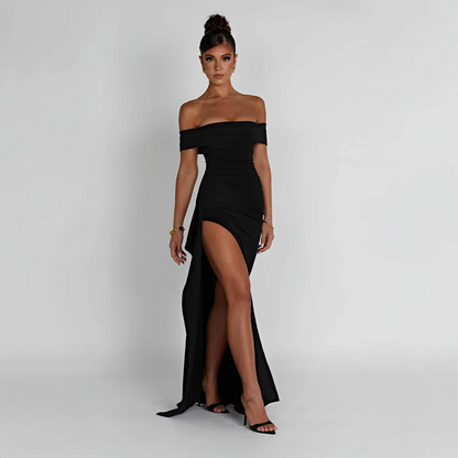 Daniela | večerní řasené maxi šaty off-shoulder s vysokým rozparkem