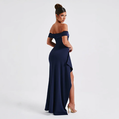 Daniela | večerní řasené maxi šaty off-shoulder s vysokým rozparkem