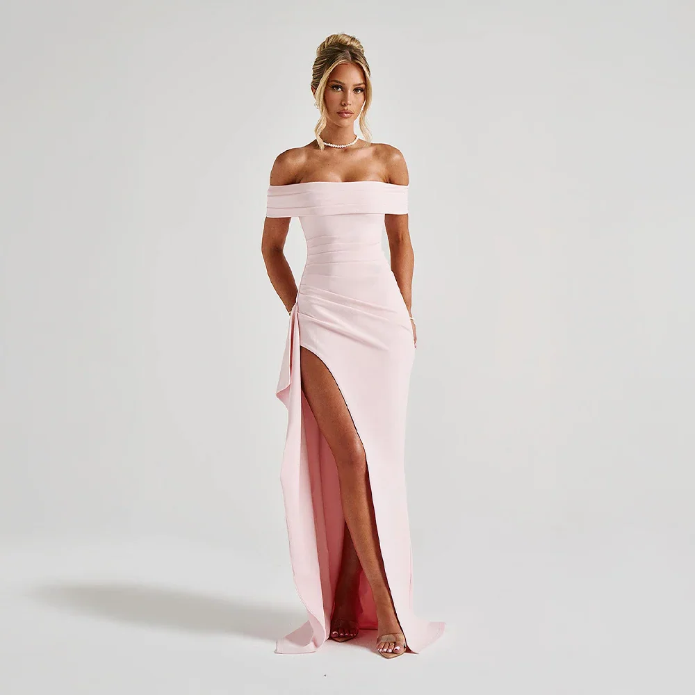 Daniela | večerní řasené maxi šaty off-shoulder s vysokým rozparkem